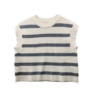 Zara Girls Size 13/14 Sweater Vest Cream Gray Striped Crewneck Boxy Ribbed